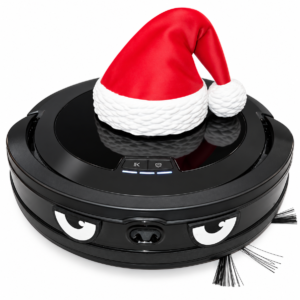 Red Santa hat on a black robot vacuum with cartoon eyes