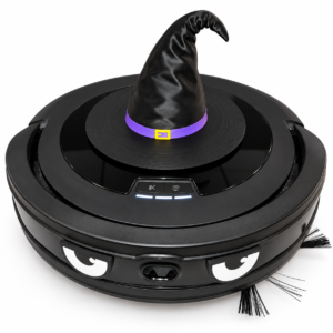 Black robot vacuum with witch hat