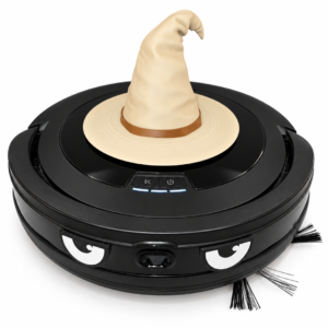 Robot vacuum wearing a wizard hat