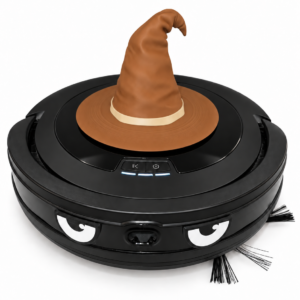 Black robot vacuum with wizard hat