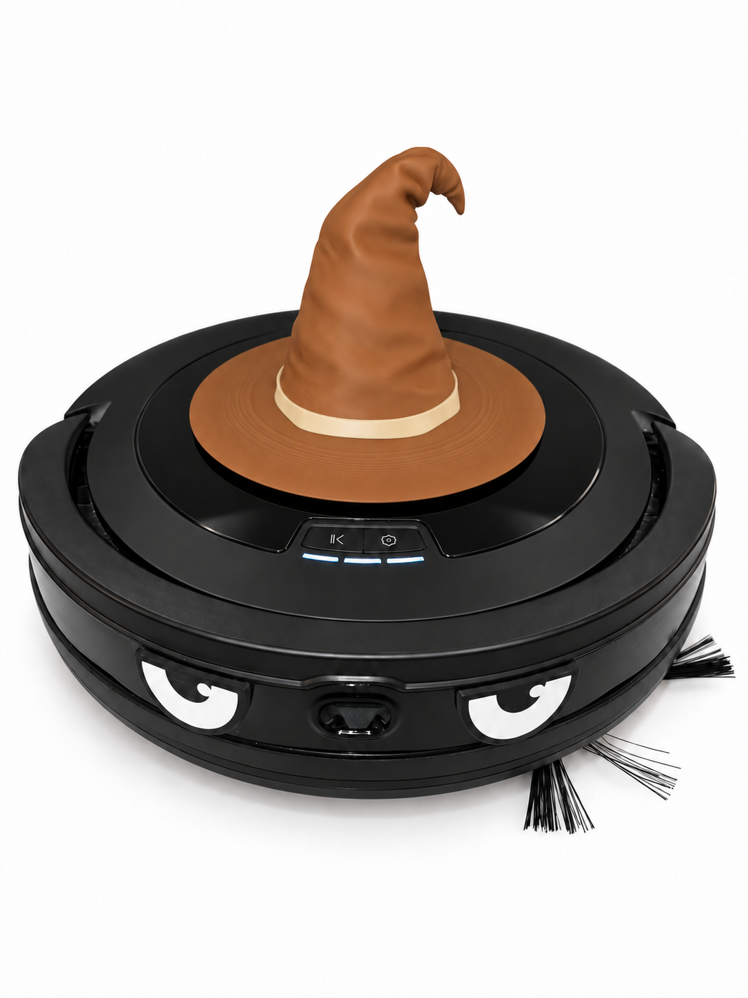 Black robot vacuum with wizard hat