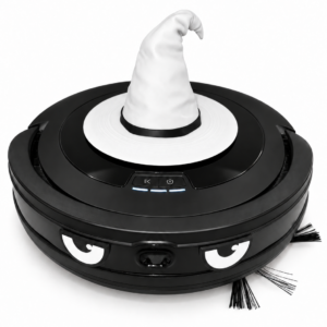 Black robot vacuum with white witch hat