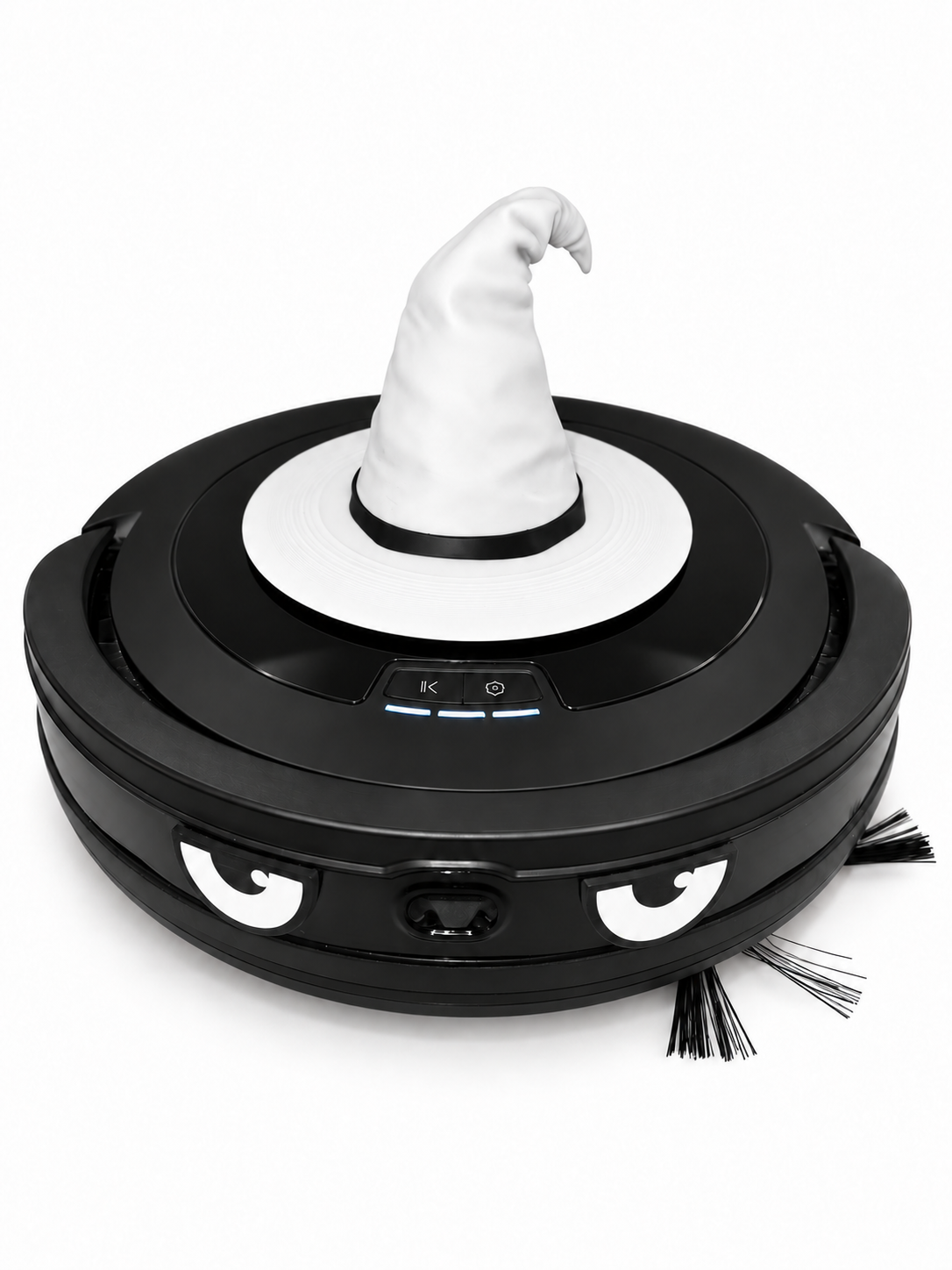 Black robot vacuum with white witch hat