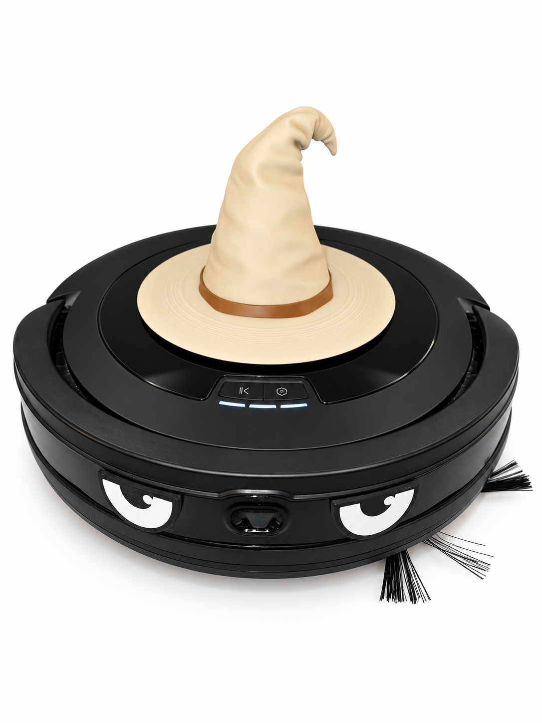 Robot vacuum wearing a wizard hat