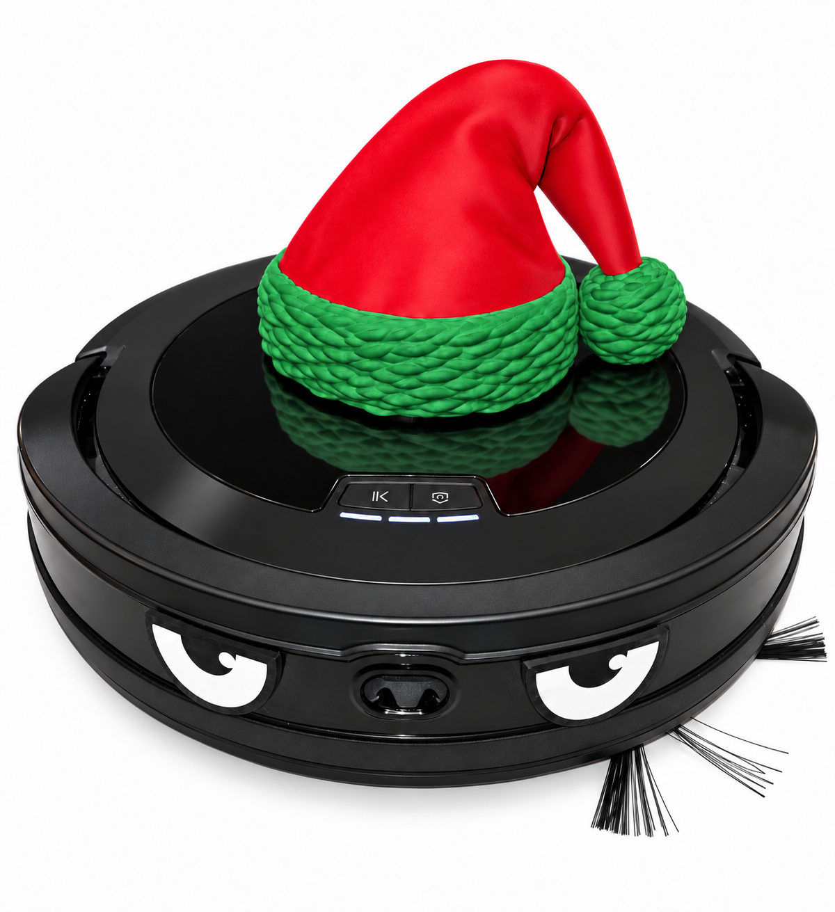 3D printed red and green elf hat accessory for robot vacuums