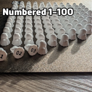 3D printed white ghost tokens, numbered 1-100, for ghost hunt game