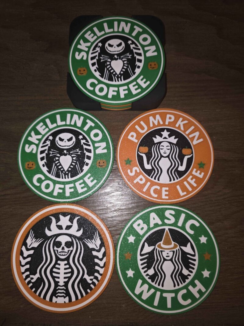 3D printed Halloween coasters with coffee and witch themes